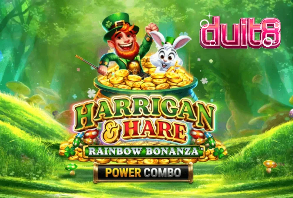 Tampilan visual slot Harrigan & Hare Rainbow Bonanza Power Combo dengan latar belakang perbukitan Irlandia